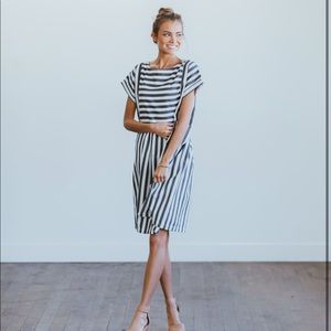 Clad & Cloth Navy Striped Bib Dress